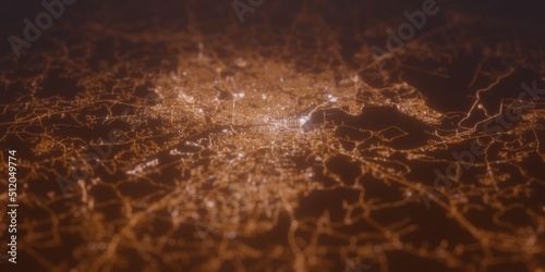 Street lights map of Columbus (Georgia, USA) with tilt-shift effect, view from west. Imitation of macro shot with blurred background. 3d render, selective focus