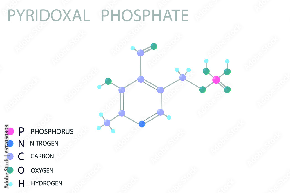 Pyridoxal phosphate molecular skeletal 3D chemical formula. Pyridoxal phosphate molecular skeletal 3D chemical formula.