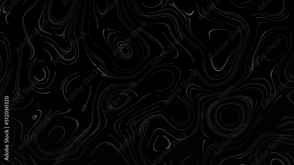 Top view of moving white lines with rounded shapes. Abstract vision of height differences with white lines on a black background Top view of moving white lines with rounded shapes. Abstract vision of height differences with white lines on a black background