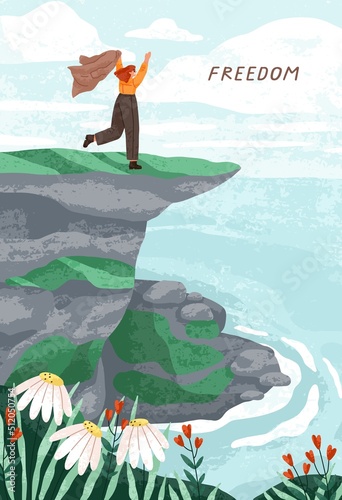 Happy free woman on top of mountain cliff with view on sea, ocean. Freedom card design with nature peace, summer landscape and carefree person enjoying seaside. Colored flat vector illustration
