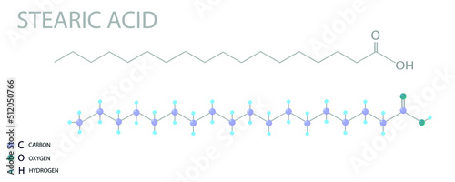 Stearic acid molecular skeletal 3D chemical formula. 