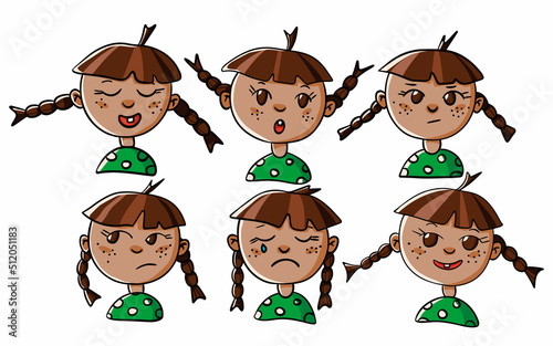 A little girl in a green polka dot dress and with pigtails shows different emotions