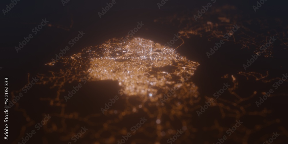 Street lights map of Manaus (Brazil) with tilt-shift effect, view from north. Imitation of macro shot with blurred background. 3d render, selective focus