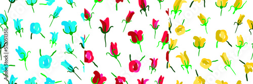 Set of seamless pattern with the image of minimalist yellow, blue and red roses
