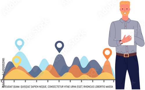 Analytics information and development statistics. Web analysis measure, product testing technology. Man analyses dashboard seo optimization, digital report. Statistical indicators and data on diagram