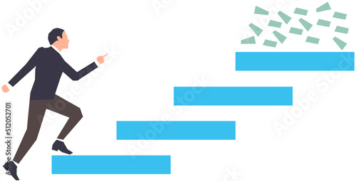Motivation personal development, businessman moving towards profit, effective income. Strategy management, capital, human, leadership concept. Man walking stairs up to success, achievement with money