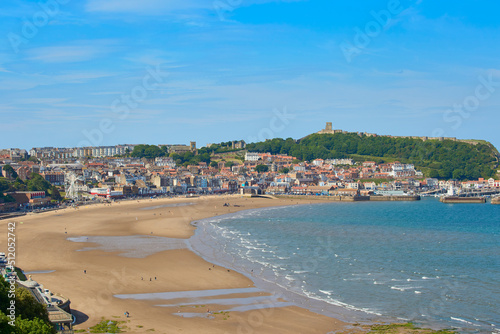 View of South Bay looking towards Scarborough Castle, Scarborough, Yorkshire, England photo