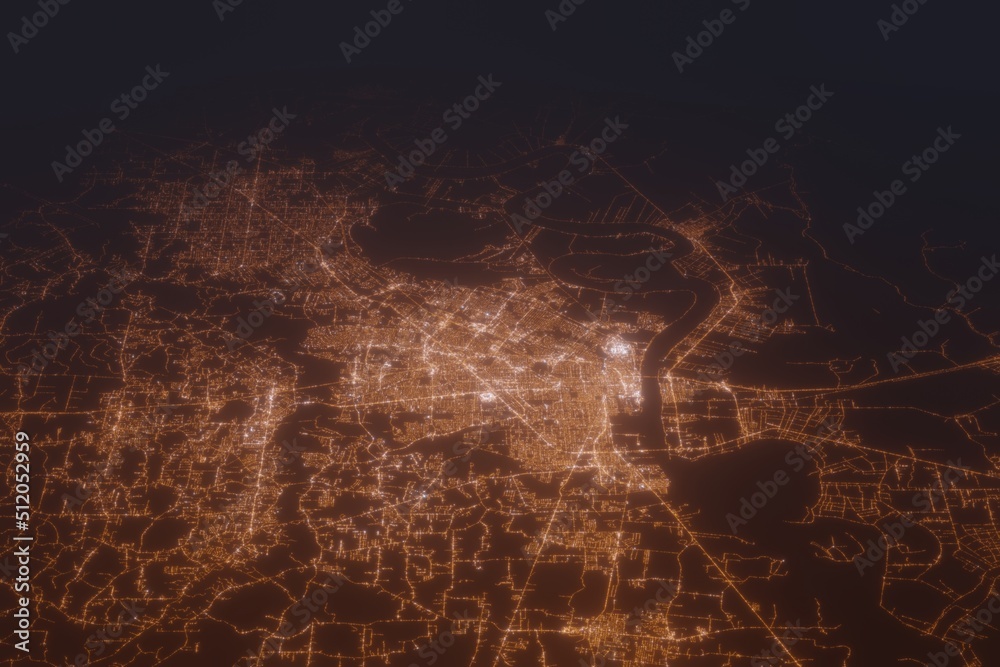 Aerial shot of Baton Rouge (Louisiana, USA) at night, view from north. Imitation of satellite view on modern city with street lights and glow effect. 3d render