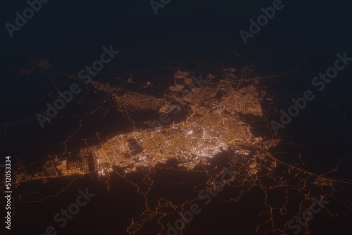 Aerial shot on Chihuahua (Mexico) at night, view from west. Imitation of satellite view on modern city with street lights and glow effect. 3d render