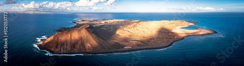 Aerial view of the unspoiled volcanic islet of Isla De Lobos, Corralejo, Atlantic Ocean, Fuerteventura, Canary Islands, Atlantic