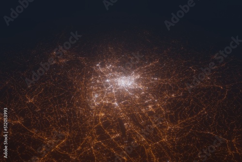 Aerial shot of Graz (Austria) at night, view from south. Imitation of satellite view on modern city with street lights and glow effect. 3d render