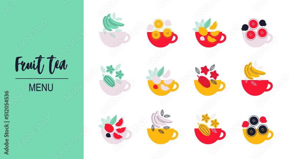 Fruit tea, Flat vector icon. Abstract Fruit and tea in mug. Drink lover concept. Logo for Fruit tea or delivery. Hand drawn elements for menu design, vector colorful illustration collection. EPS 10.