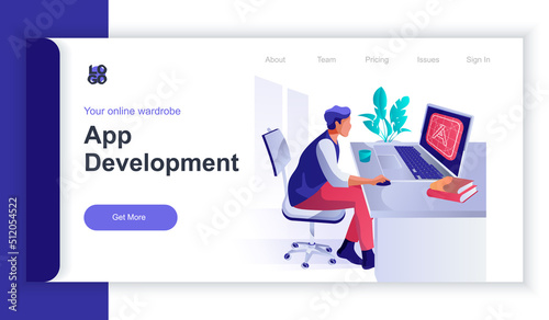 App development concept 3d isometric web banner with people scene. Man works at laptop in office, creates interface layout for application. Vector illustration for landing page and web template design © alexdndz