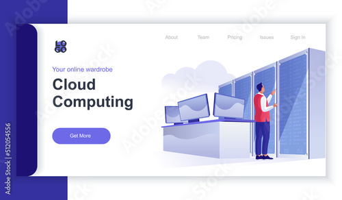Cloud computing concept 3d isometric web banner with people scene. Man optimizes work of cloud computing in data center and tech support. Vector illustration for landing page and web template design
