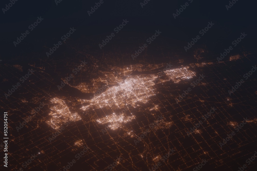 Obraz premium Aerial shot of Ottawa (Canada) at night, view from south. Imitation of satellite view on modern city with street lights and glow effect. 3d render