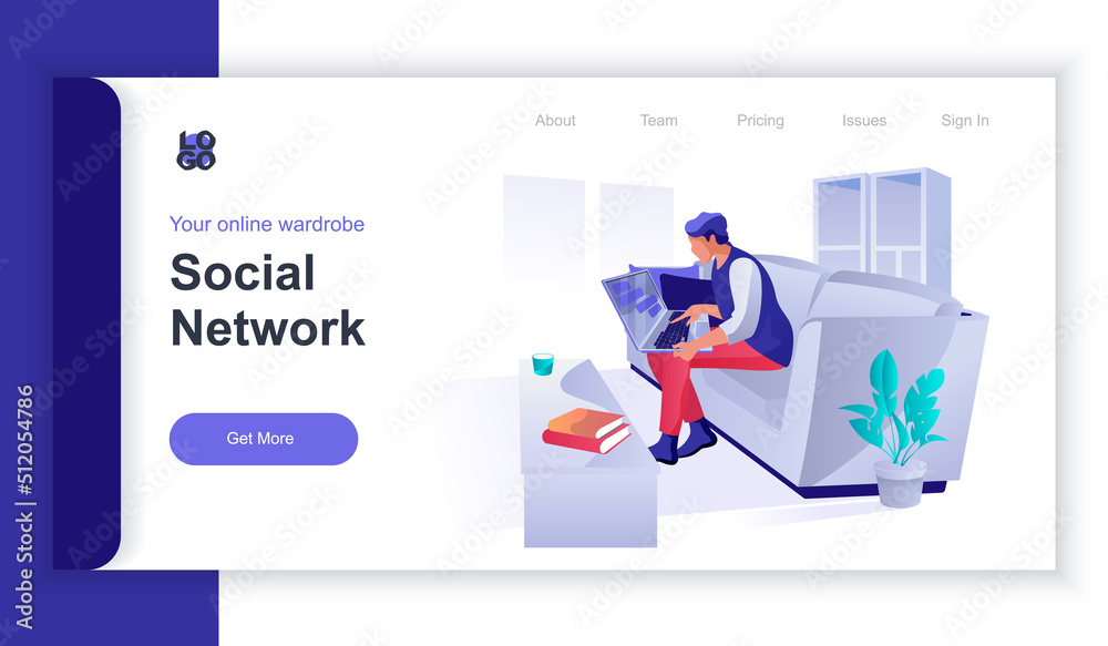 Social network concept 3d isometric web banner with people scene. Man ...