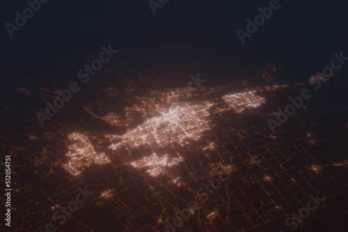 Aerial shot of Ottawa (Canada) at night, view from south. Imitation of satellite view on modern city with street lights and glow effect. 3d render