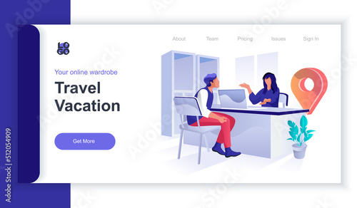 Travel vacation concept 3d isometric web banner with people scene. Man chooses tour for trip and consults with travel agency operator. Vector illustration for landing page and web template design
