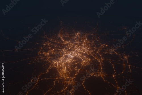 Aerial shot on Wuhan (China) at night, view from east. Imitation of satellite view on modern city with street lights and glow effect. 3d render