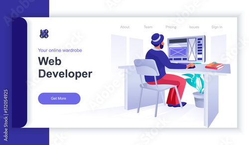Web developer concept 3d isometric web banner with people scene. Man works at computer and develops website layout and optimizes page. Vector illustration for landing page and web template design