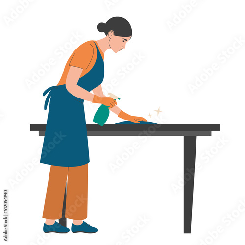 Cleaning service worker washing the desk vector isolated. Female cleaner in uniform with gloves holding cleaning tools.