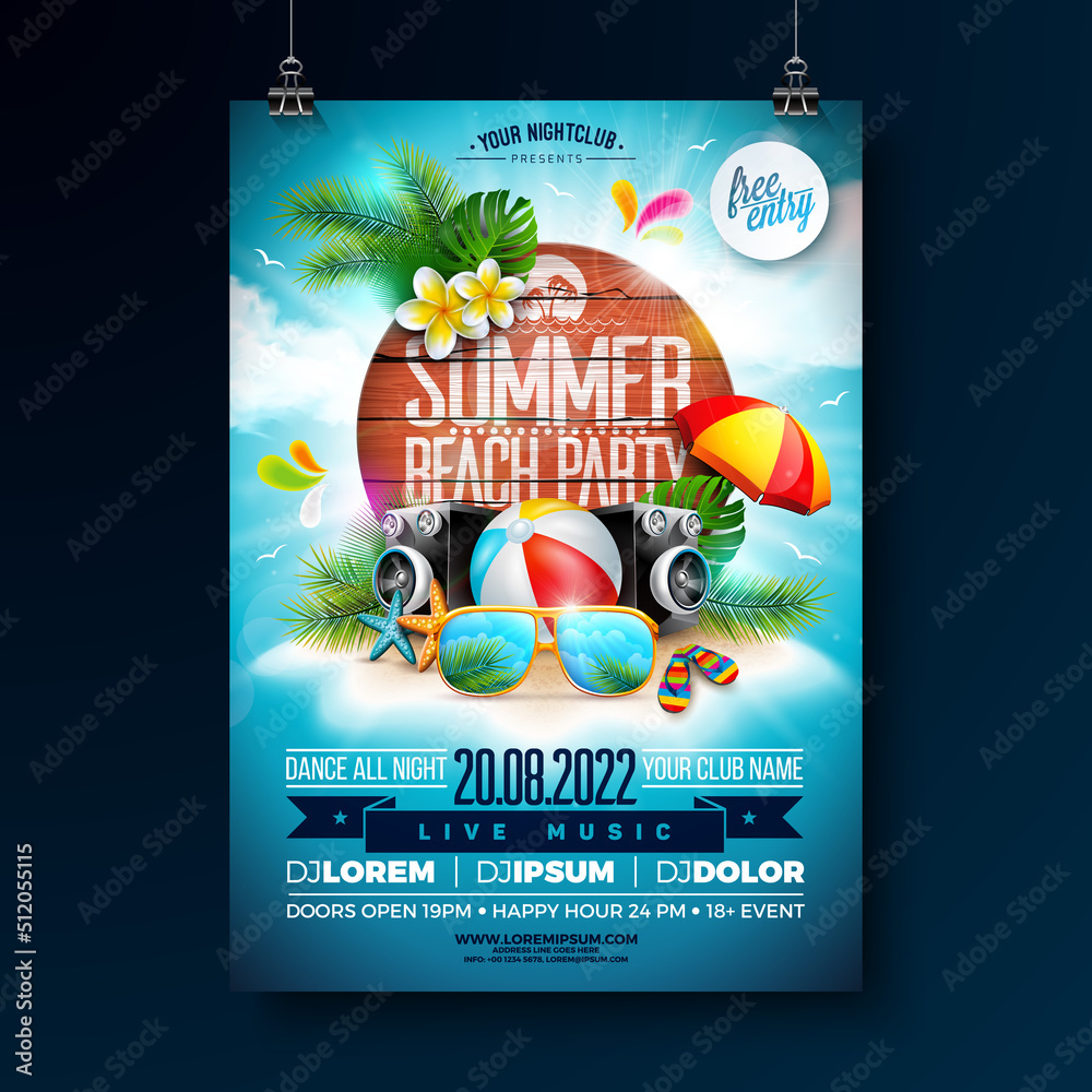 Naklejka premium Summer Beach Party Flyer Design with Sunglasses and Speaker on Sandy Tropical Island and Typography Lettering on Vintage Wood Board Background. Vector Summer Holiday Illustration with Exotic Palm