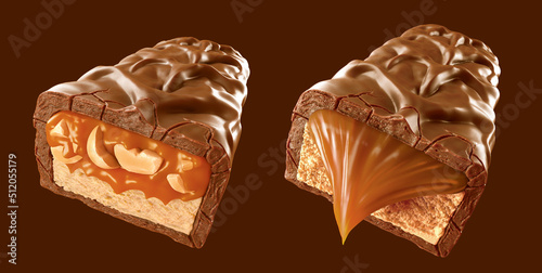 Delicious chocolate coated snack bar with caramel and peanut. 3d illustration. 