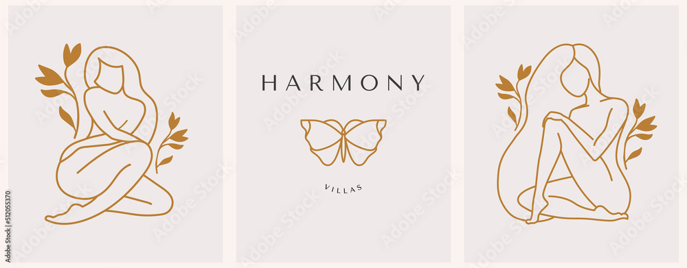 Vector abstract logo with butterfly and woman silhouette. Corporate design templates in trendy linear minimal style, beauty and cosmetics studio emblem - icon for makeup artist, fashion