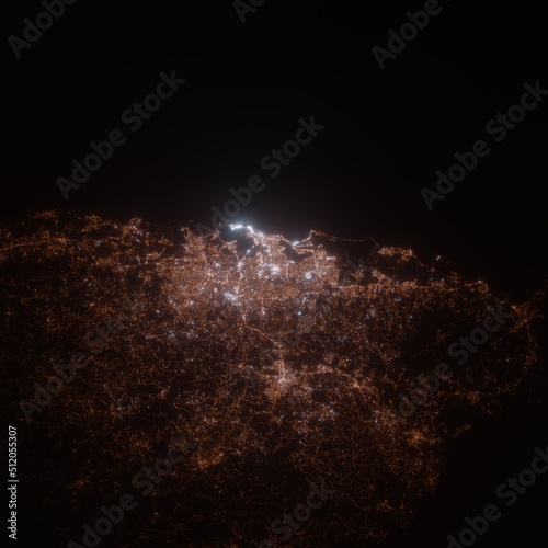 San Juan (Puerto Rico, USA) street lights map. Satellite view on modern city at night. Imitation of aerial view on roads network. 3d render