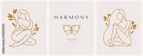 Vector abstract logo with butterfly and woman silhouette. Corporate design templates in trendy linear minimal style, beauty and cosmetics studio emblem - icon for makeup artist, fashion