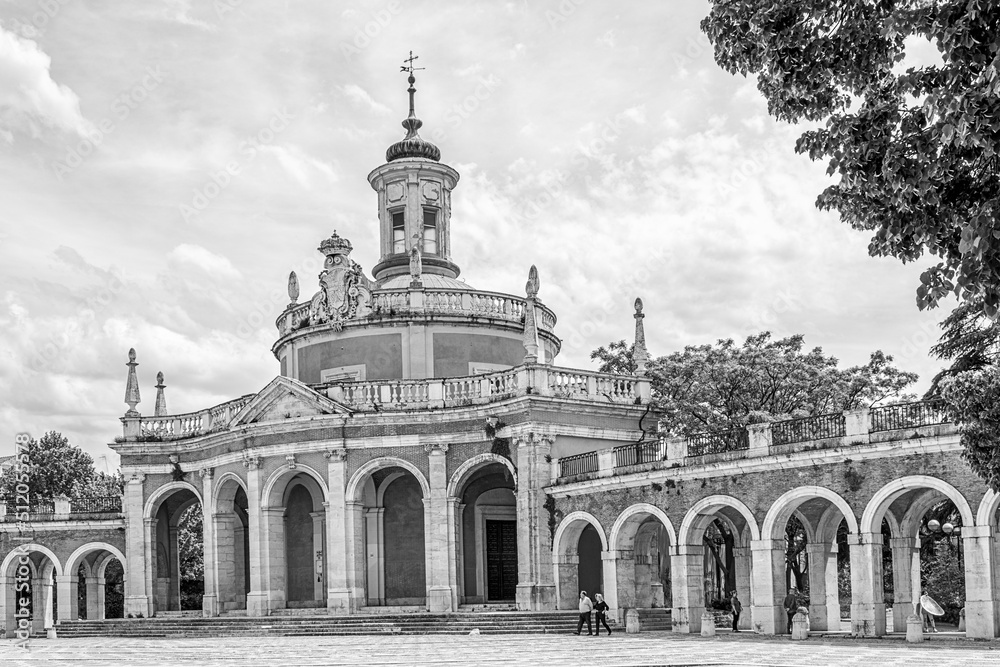 Royal Church of San Antonio in the city of Aranjuez. Front view. Black and white.