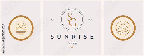 Abstract summer logo template with dawn and S G monogram. Modern minimal set of linear icons and emblems for social media, rental and travel services.