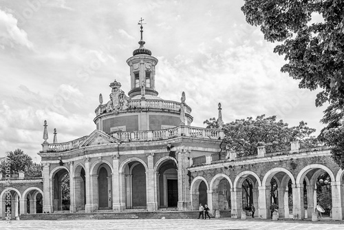 Royal Church of San Antonio in the city of Aranjuez. Front view. Black and white.