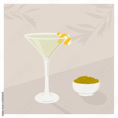 Classic Martini Cocktail in glass with lemon spiral peel decoration and green olives in bowl appetizer. Summer aperitif retro elegant square banner. Card with alcoholic beverage. Vector illustration.