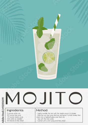 Mojito Cocktail recipe with lime slice, ice and mint leaves. Summer aperitif with rum and soda. Alcoholic beverage garnished with mint sprig. Minimalistic vertical print. Vector colorful illustration.