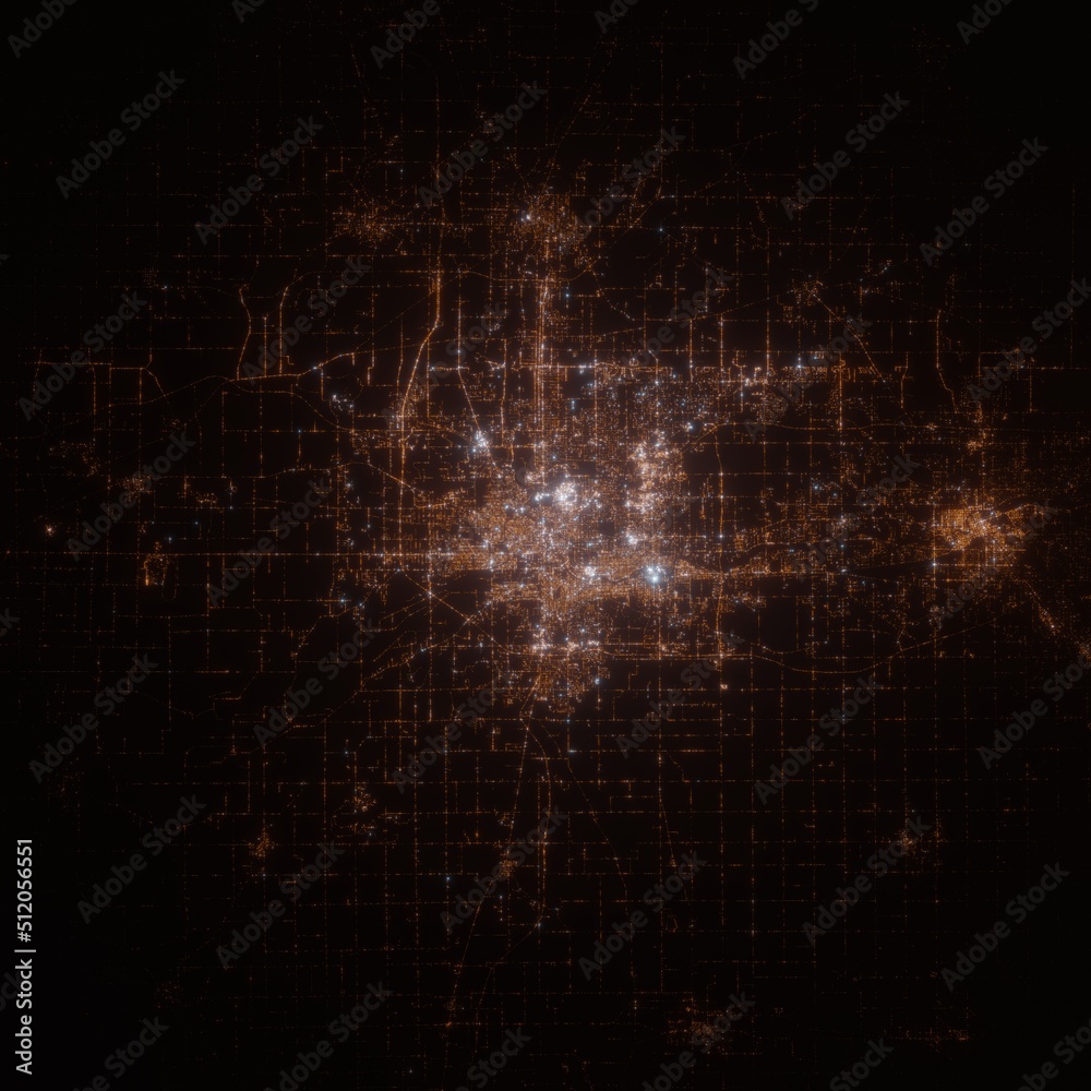 South Bend (Indiana, USA) street lights map. Satellite view on modern city at night. Imitation of aerial view on roads network. 3d render