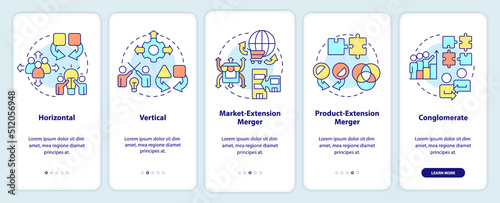 Types of mergers onboarding mobile app screen. Business processes walkthrough 5 steps editable graphic instructions with linear concepts. UI, UX, GUI template. Myriad Pro-Bold, Regular fonts used © bsd studio