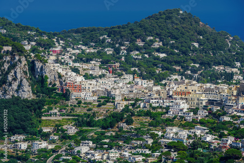 Anacapri landscape panorama with low-rise buildings along the hills of Capri island on the Gulf of Naples, Campania, Italy photo