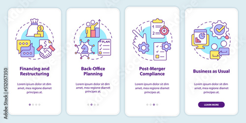 Business merger stages onboarding mobile app screen. Corporate walkthrough 4 steps editable graphic instructions with linear concepts. UI, UX, GUI template. Myriad Pro-Bold, Regular fonts used