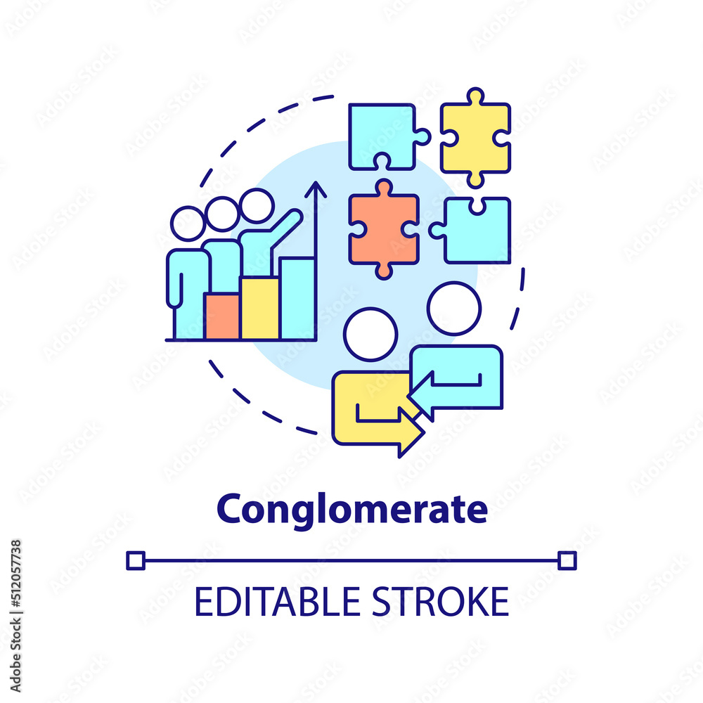 Conglomerate business merger concept icon. Different areas integration. Merger type abstract idea thin line illustration. Isolated outline drawing. Editable stroke. Arial, Myriad Pro-Bold fonts used