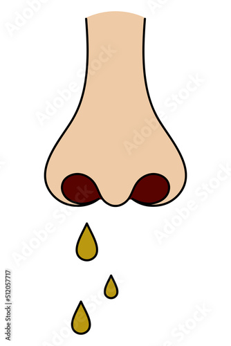 Human nose. Front view. The patient has a runny nose. Drops drip. Color vector illustration. Isolated background. The man caught a cold. Cartoon style. Medical theme. Idea for web design.