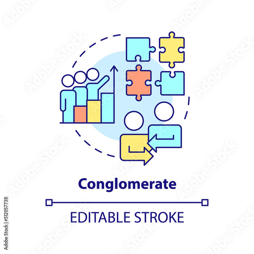 Conglomerate business merger concept icon. Different areas integration. Merger type abstract idea thin line illustration. Isolated outline drawing. Editable stroke. Arial, Myriad Pro-Bold fonts used