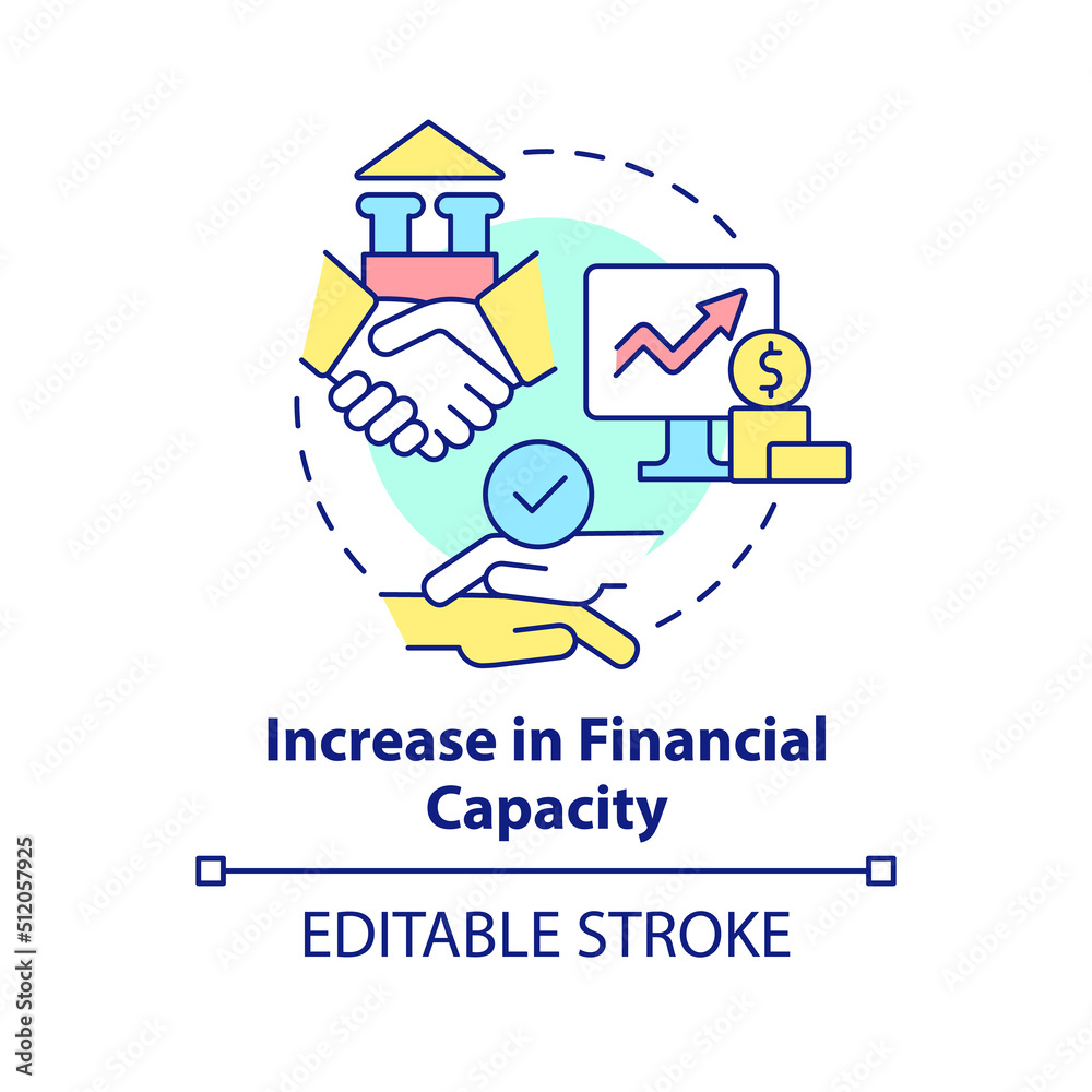 Increase in financial capacity concept icon. Finance and money. Motive for merger abstract idea thin line illustration. Isolated outline drawing. Editable stroke. Arial, Myriad Pro-Bold fonts used Increase in financial capacity concept icon. Finance and money. Motive for merger abstract idea thin line illustration. Isolated outline drawing. Editable stroke. Arial, Myriad Pro-Bold fonts used