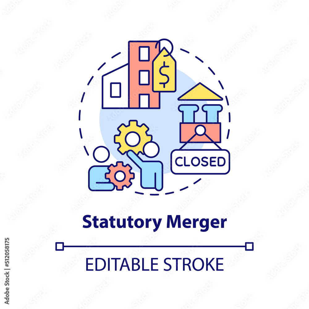 Statutory merger concept icon. Purchase company. Business consolidation strategy abstract idea thin line illustration. Isolated outline drawing. Editable stroke. Arial, Myriad Pro-Bold fonts used Statutory merger concept icon. Purchase company. Business consolidation strategy abstract idea thin line illustration. Isolated outline drawing. Editable stroke. Arial, Myriad Pro-Bold fonts used