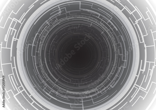 science and technology tunnel of cyberspace with particles. Futureistic geometric shape abstract background. HUD circle on grey screen. Infinity portal, gate and teleportation