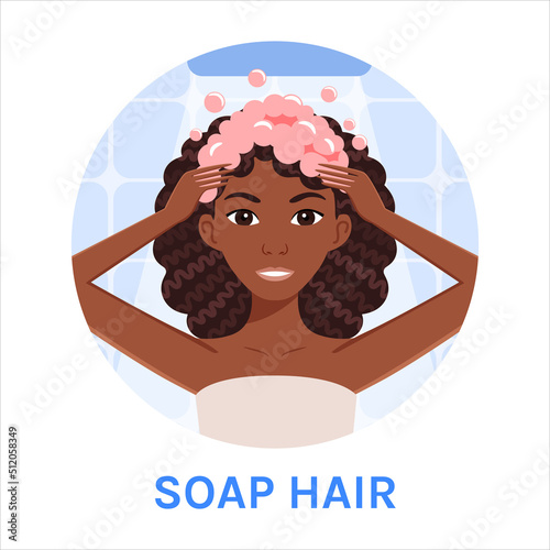 African American Woman with Soap Foam for Curly Hair on Head. Black Lady Washes Hair with Shampoo in Shower. Happy Female Face. Clean Healthy Hair. Color cartoon style. White background. Vector image.