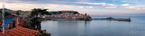 Panorama of Collioure traditional colorful medieval village at sunset, Collioure, Pyrenees Orientales photo
