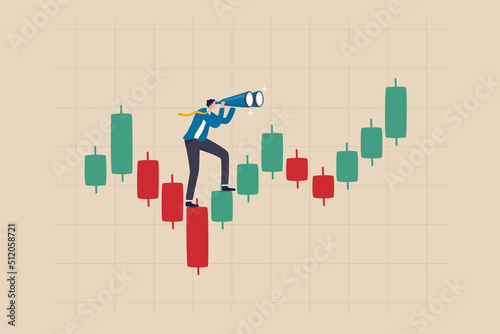 Investment forecast or prediction, vision to see investing opportunity, future profit from stock and crypto trading concept, businessman investor look on spyglass on trading candlestick chart.