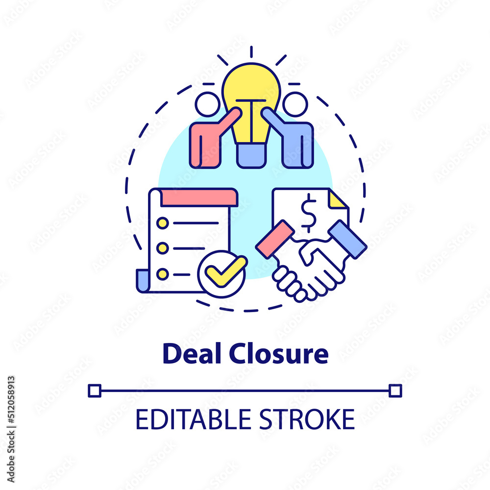 Deal closure concept icon. Complete and execute transaction. Stage of merger abstract idea thin line illustration. Isolated outline drawing. Editable stroke. Arial, Myriad Pro-Bold fonts used