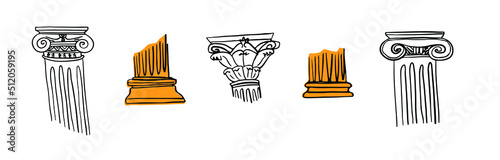 Monochrome lined hand drawn set of Ancient Greece column illustrations isolated on white background